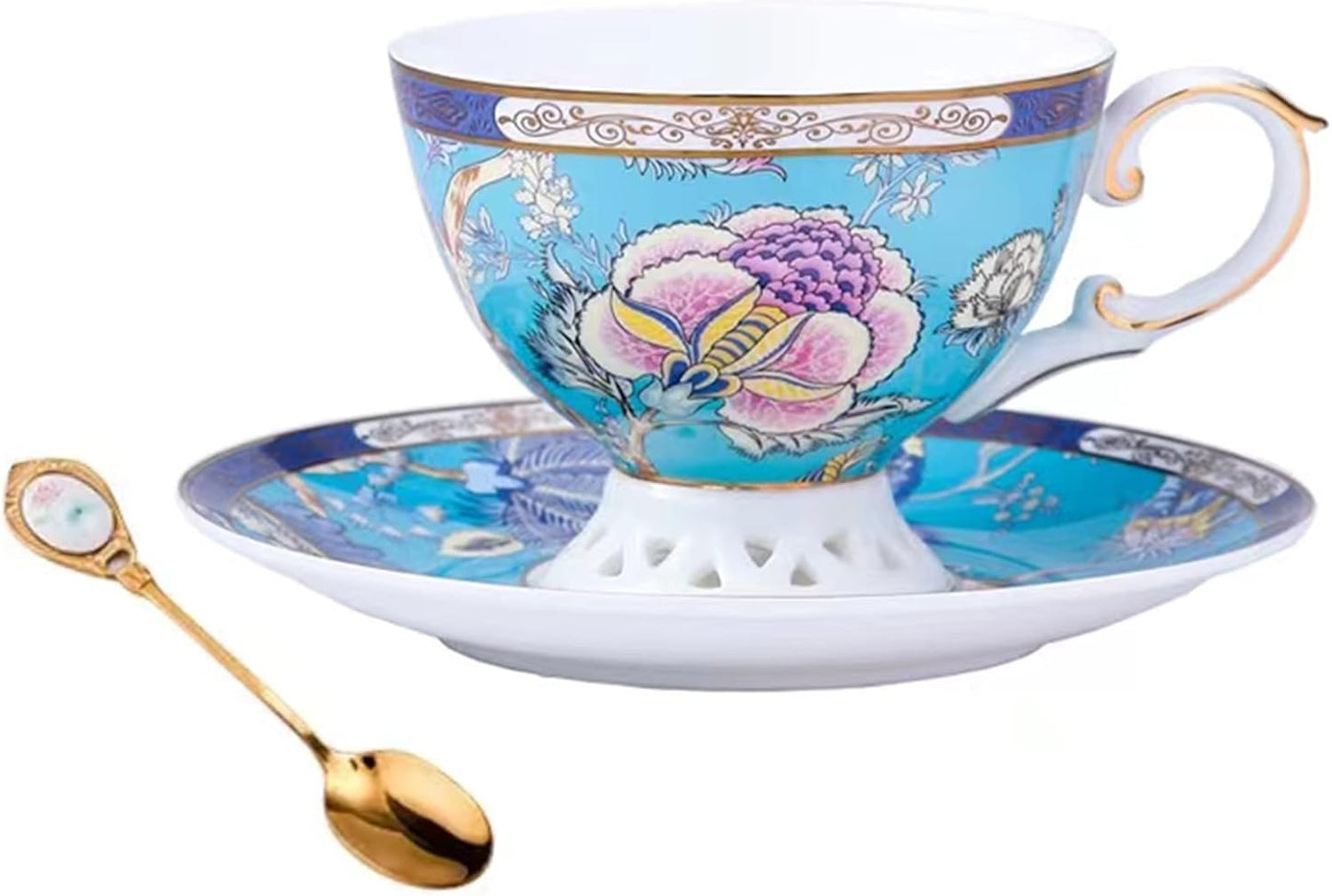 ACMLIFE Bone China Tea Cups, Tea Cup and Saucer Set for 1 Blue and White China Tea Cup 6.7oz Floral Vintage China Coffee Set for Women Party Gift Giving with Gold Trim and Gift Box