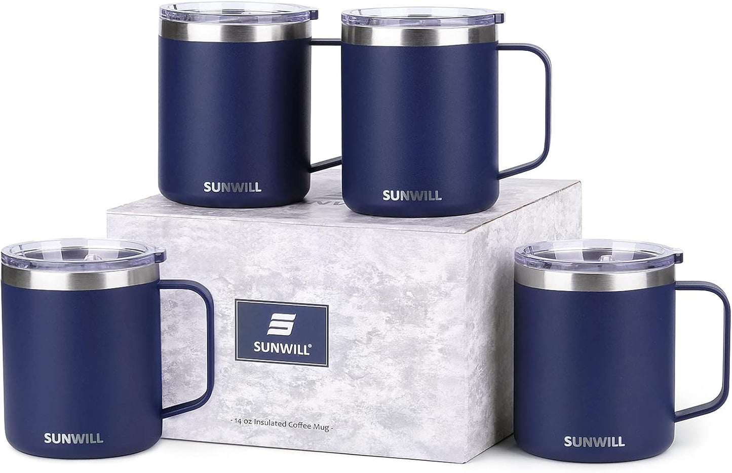 SUNWILL Travel Coffee Mugs Set of 4, Insulated Tumbler with Lid, 14oz Stainless Steel Cup with Handle Bulk for Gift, Camping, Office, Powder Coated Navy Blue