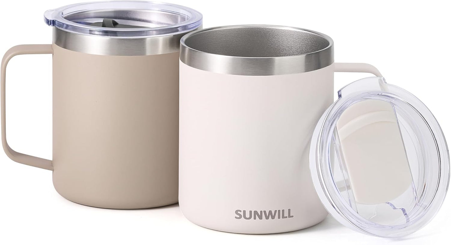 SUNWILL Travel Coffee Mug Set of 2, Insulated Tumbler with Lid, 14oz Stainless Steel Cup with Handle for Camping, Office, Home, Powder Coated Cream & Taupe