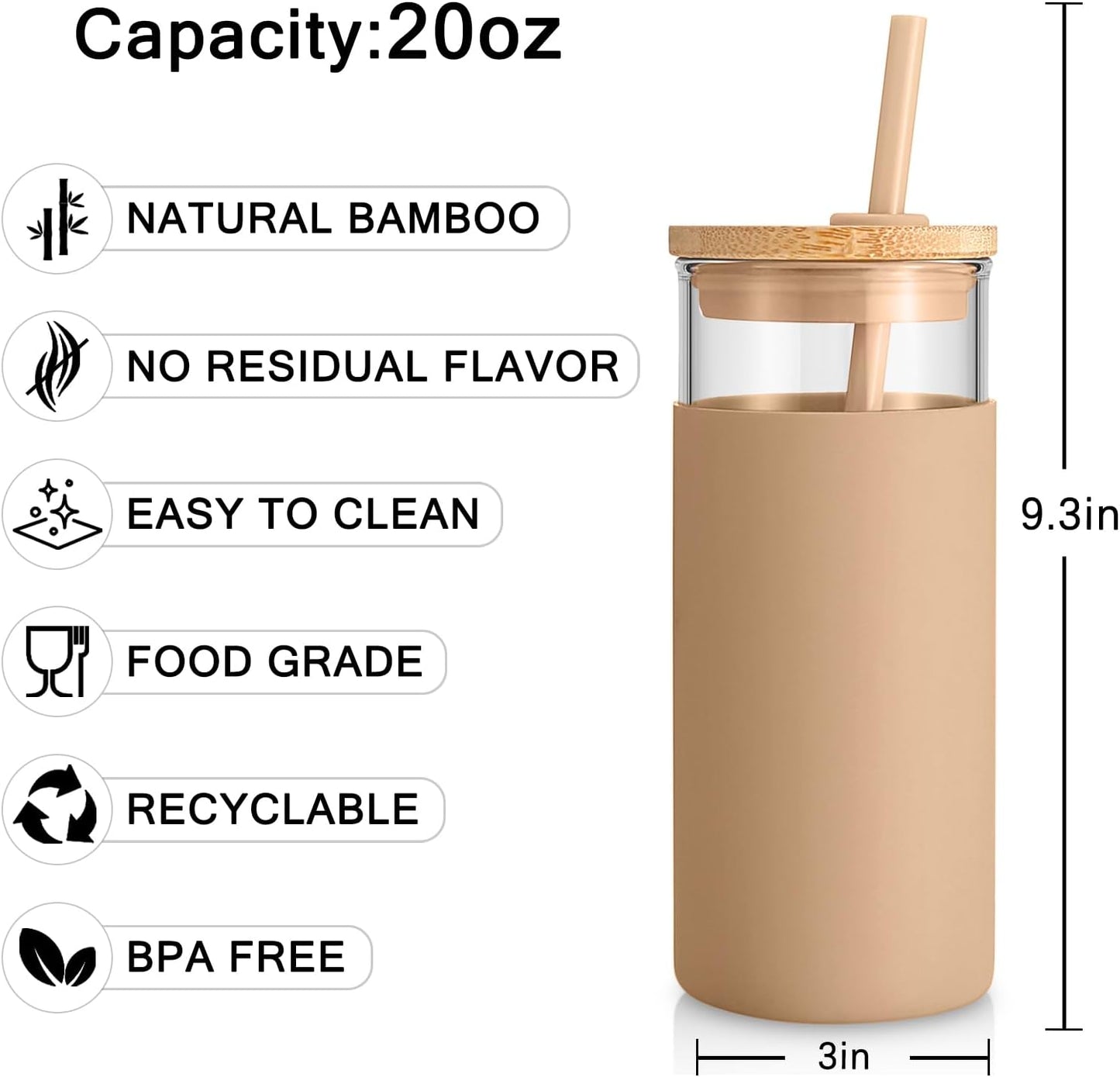 Tronco 20 oz Glass Tumbler with Lid and Straw, Reusable Iced Coffee Cup with Silicone Sleeve & Bamboo Lid, Smoothie Cup for Home, Office, for Father Men Day Gift from Wife Daughter Son (White)