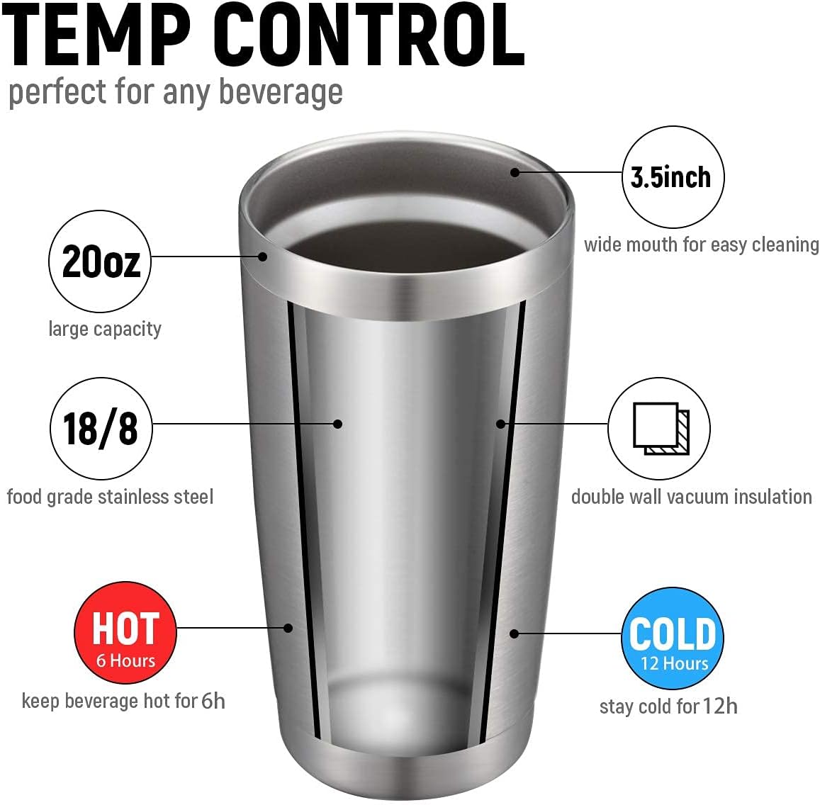 COMOOO 20oz Tumbler with Straw Stainless Steel Insulated Coffee Tumbler Cups Double Wall Vacuum Travel Coffee Mug with Splash Proof Sliding Lid for Hot Cold Drinks (Silver, 1 Pack)
