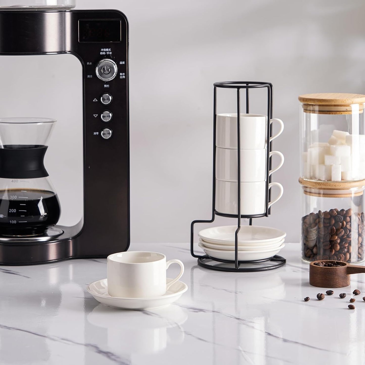 8oz Porcelain Stackable Cappuccino Cups with Saucers and Metal Stand Set of 4, Coffee Cups for Espresso, Specialty Coffee Drinks, Latte, Americano and Tea - White