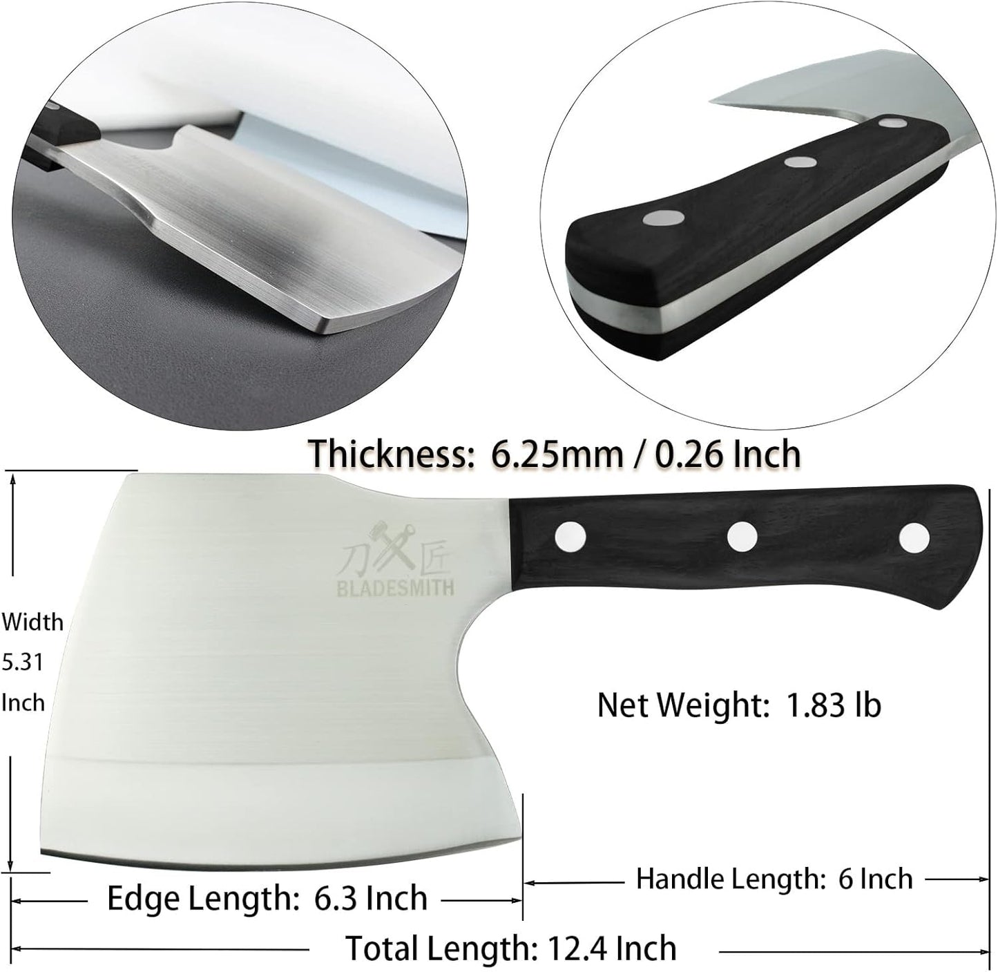 BLADESMITH Bone Cleaver Knife, Full Tang, Heavy Duty use, for Big Bones and frozen meat, Axe Blade Shape, 2lbs -7mm Thickness high Carbon Steel, Black wood Handle,2025 Gifts