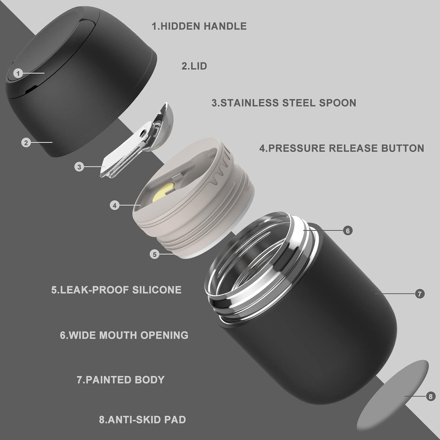 17 oz Insulated Lunch Containers, Black, Vacuum Stainless Steel Thermo Lunch Box with Handle and Folding Spoon for School, Office, Travel