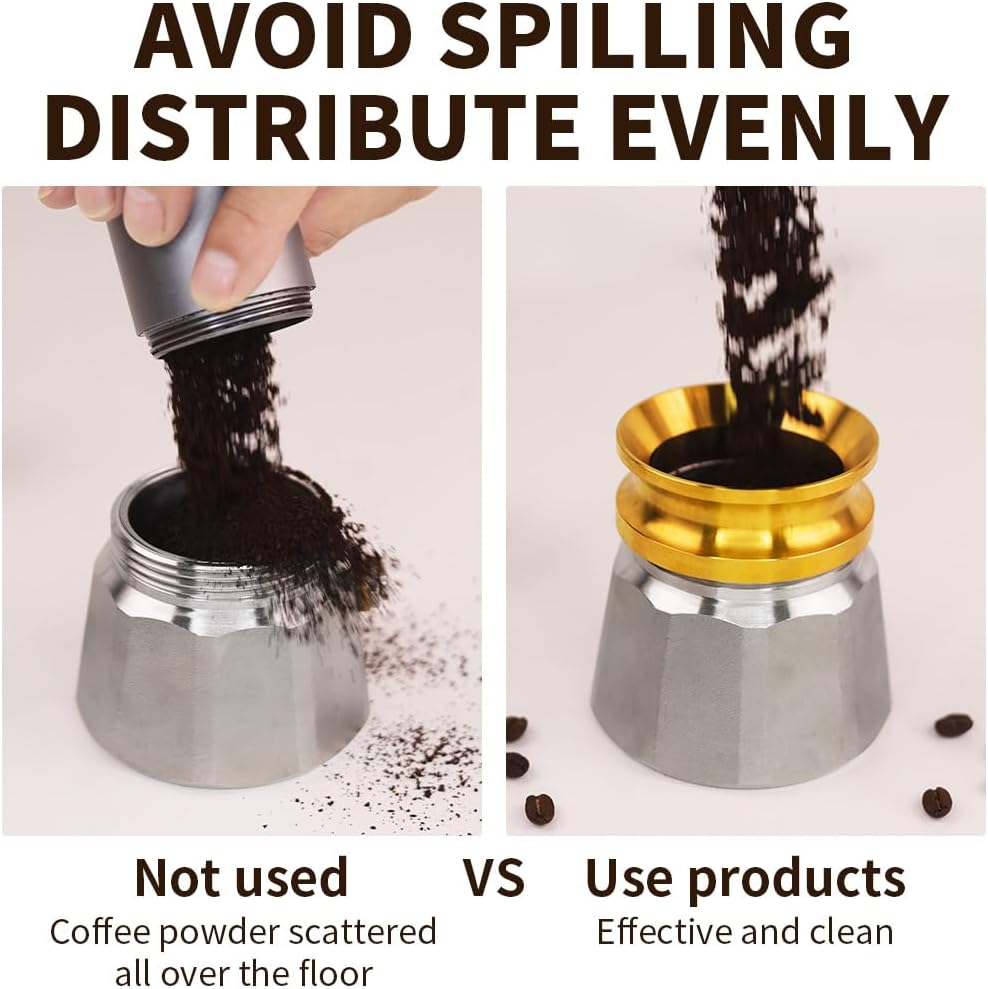 Coffee Tamper for Moka Pot, 304 Stainless Steel Espresso Coffee Tamper, Espresso Dosing Funnel Compatible with Aluminum Espresso stovetop Moka Pot (Gold)