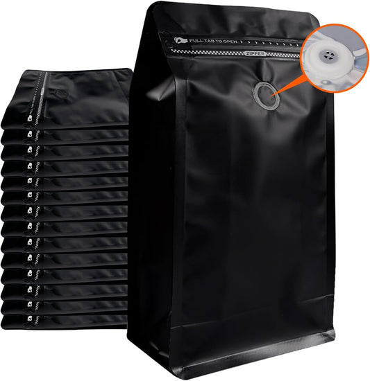 Coffee Bags with Valve (50 PCS,8oz/0.5lb) Black High Barrier Aluminum Foil Flat Bottom Standing Coffee Beans Storage Packaging Bags, Reusable Heat Seal Side Zipper Pouches for Small Business and Home
