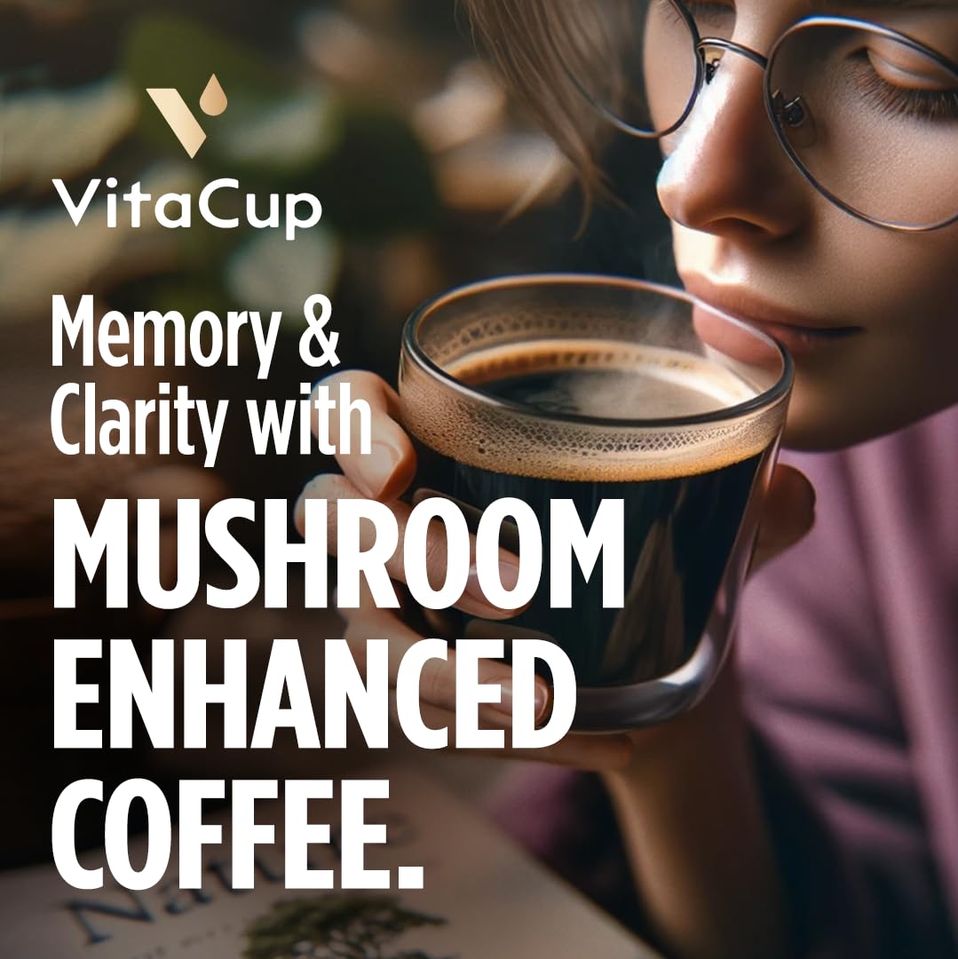 VitaCup Focus Mushroom Coffee Grounds, with Lions Mane, Chaga, B Vitamins, D3, Boost Focus, Immunity, Memory & Clarity, Medium Dark Roast, Bold & Smooth 100% Arabica Specialty, 3 bags, 10oz each