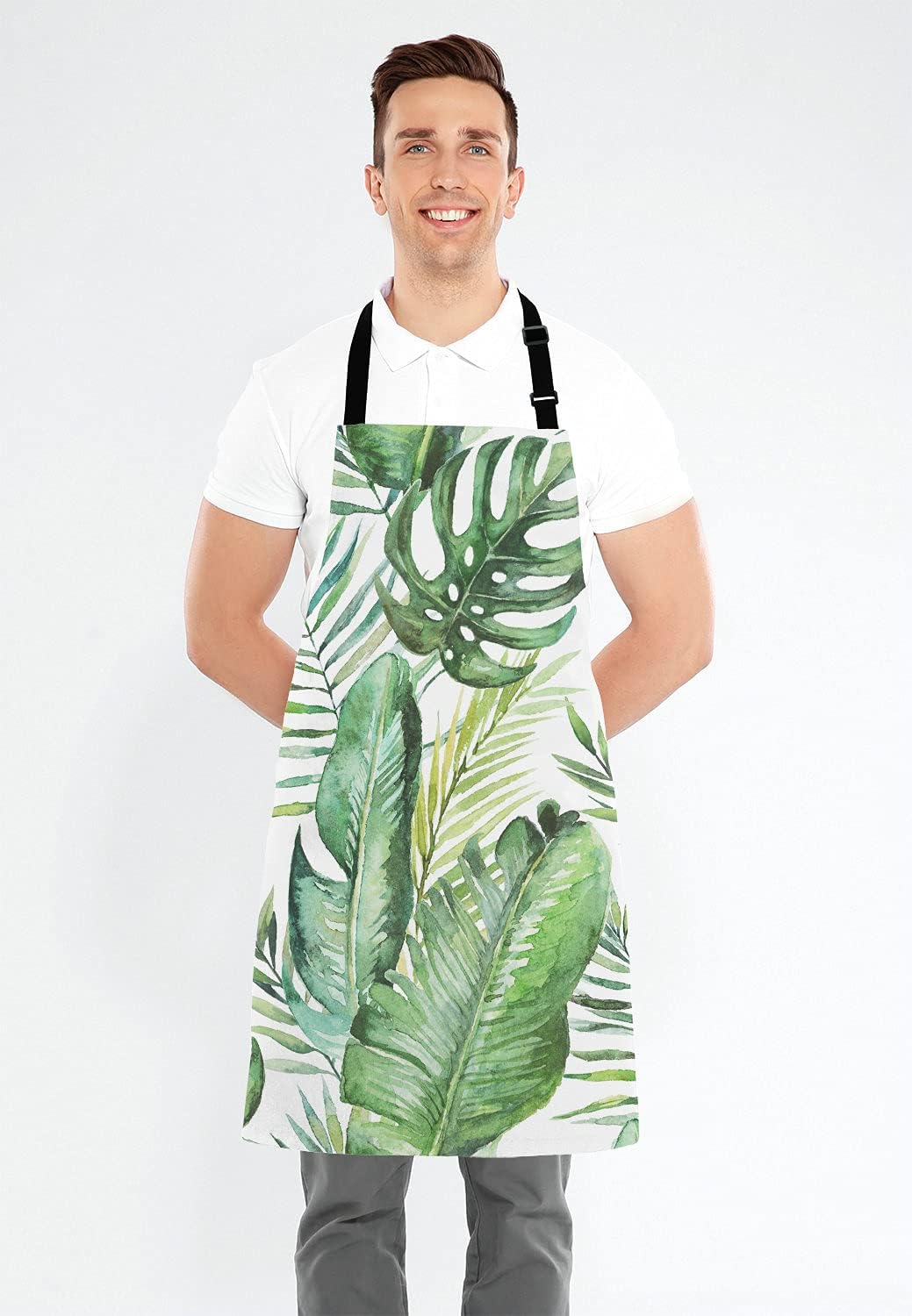 Green tropical palm & fern leaves Adjustable Bib Apron, Tropical Palm Leaves Cooking Kitchen Apron for Men Women