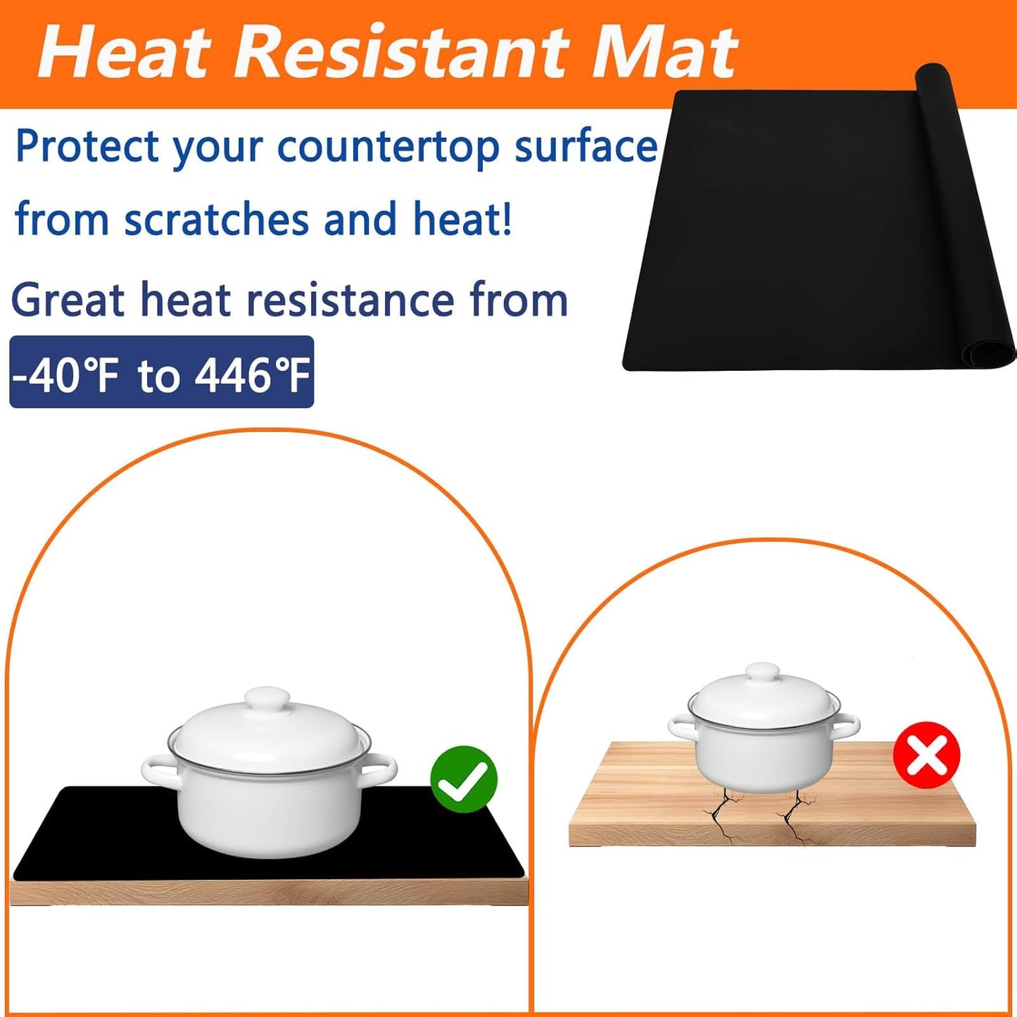 23.62"x15.74"(60cmx40cm) Countertop Protector Mat, Silicone Mats for Kitchen Counter, Cuttable Heat Resistant Mats for Counter, Waterproof Silicone Kitchen Island Protector Mat(2Pack, Black)