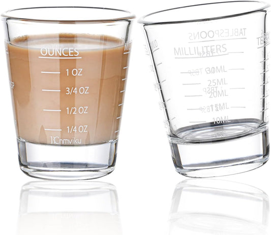 Shot Glasses Measuring cup Espresso Shot Glass Liquid Heavy Glass Wine Glass 2 Pack 26-Incremental Measurement 1oz, 6 Tsp, 2 Tbs, 30ml By BCnmviku (2pack-White)