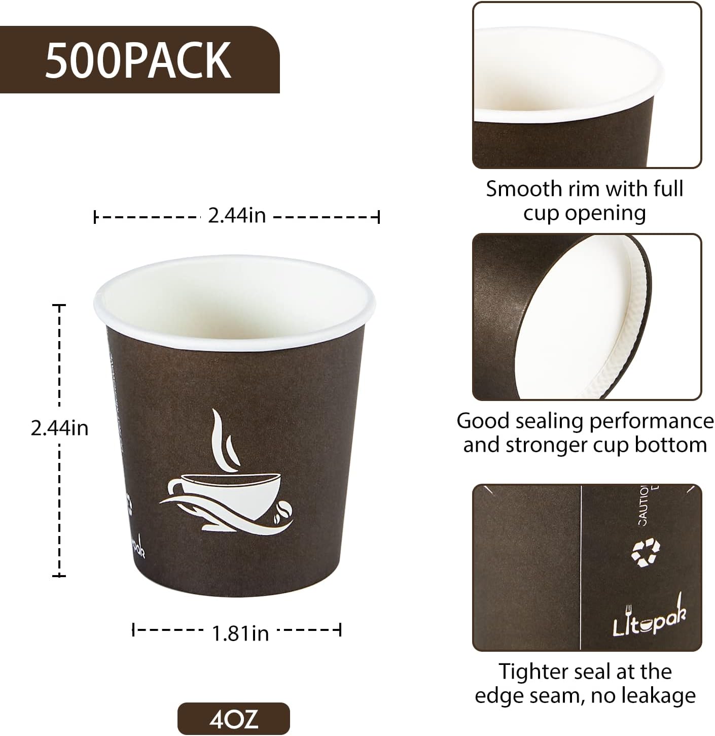 LITOPAK 500 Pack 4 oz Paper Cups, Brown Disposable Hot Coffee Cups for Party, Picnic, Travel, and Events