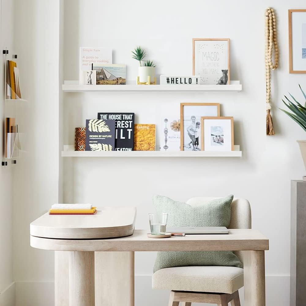 Forbena 36 Inch Floating Shelves for Wall 4-Pack, Large Nursery Book Shelves Bookshelf for Kids Bedroom, Long Picture Ledge Shelf with Lip for Living Room Photo Frames Art Display (White Solid Wood)