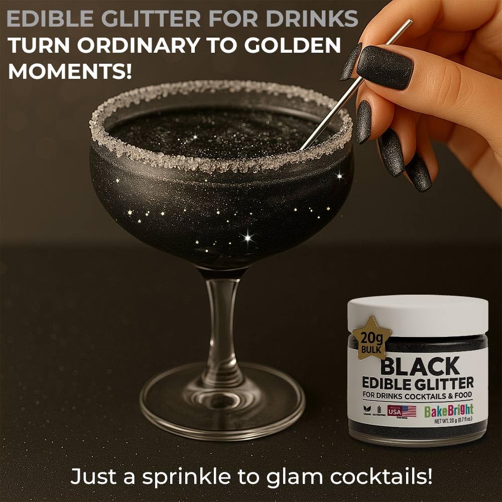 Bulk 20g Black Edible Glitter for Drinks | Premium Edible Glitter for Cakes, Cocktails, Black Cake Decorating Decorations Food Grade, Vegan, Kosher, Halal, Gluten Free - Made in USA