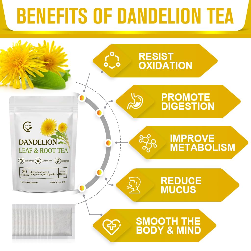 Organic Dandelion Leaf & Root Tea, Supports Kidney Function and Healthy Digestion, Caffeine Free, 30 Tea Bags