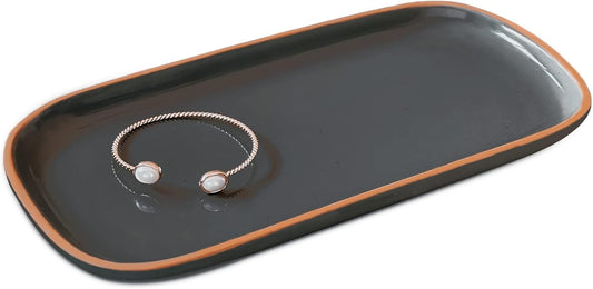 Mora Ceramic Decorative Tray - Rectangle 10in Dish for Jewelry, Soap Dispenser, Perfume, Makeup, Accessories, Candle, in The Bathroom Vanity, Bedside, or Kitchen Counter. Cute Organizers - Black