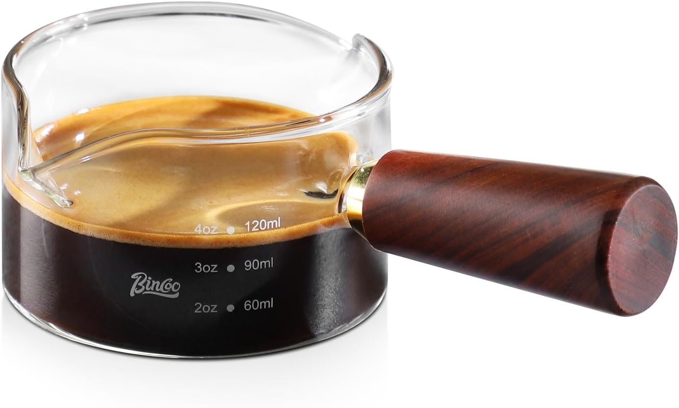 Espresso Shot Glasses with Wood Handle - 120ml Glass Coffee Bean Dosing Cup with Dual Spout,Clear Espresso Measuring Cup Glass for Barista Coffee Measure