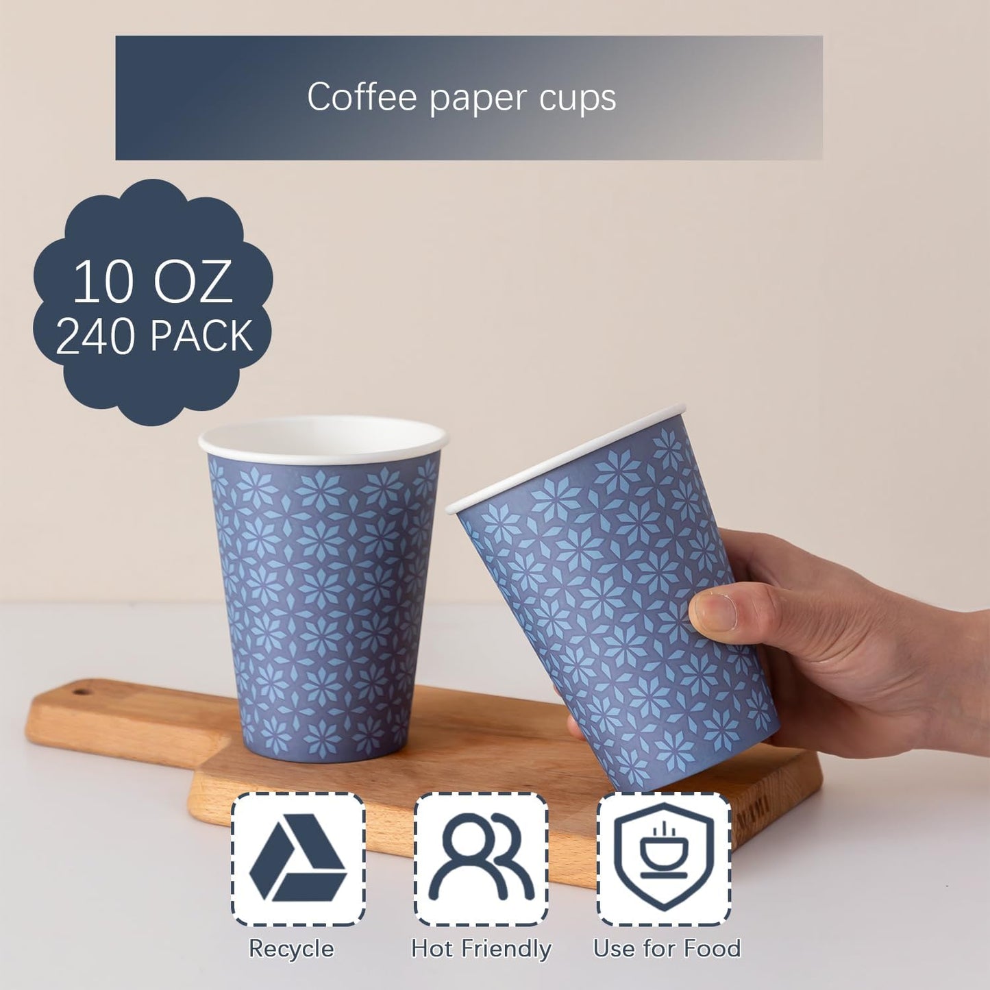 240 Pack 10 oz Disposable Paper Coffee Cups, Hot/Cold Beverage Drinking Cups 10 OZ, Navy Floral Paper Hot Coffee Cups for Party, Picnic, Travel, and Events.