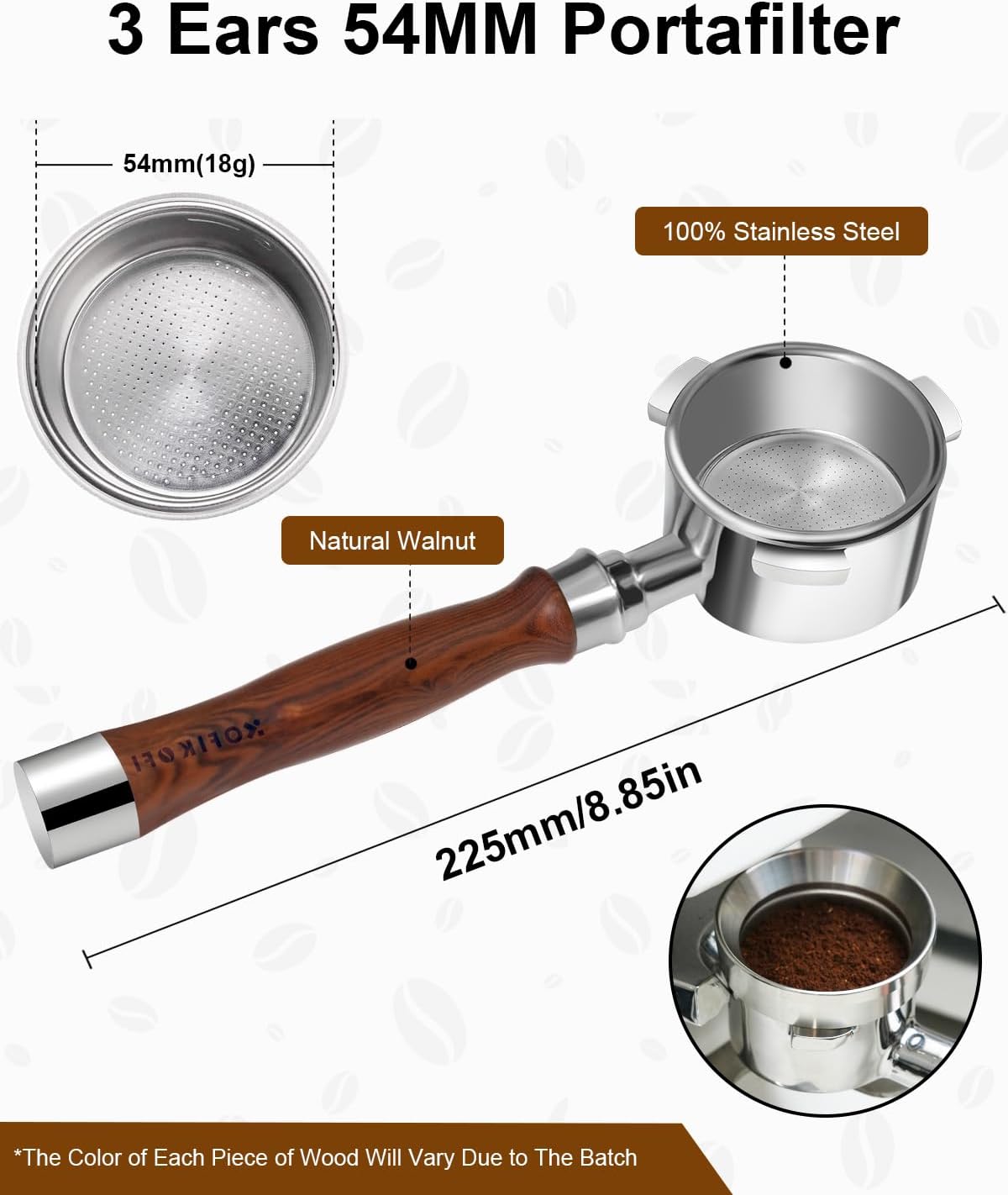 54mm Bottomless Portafilter 3 Ears, Bottomless Naked Portafilter Compatible with Breville/Sage Barista Express BES870/876/878/880/881/450/500/810/840, with Puck Screen and 18g Filter Basket - Rosewood