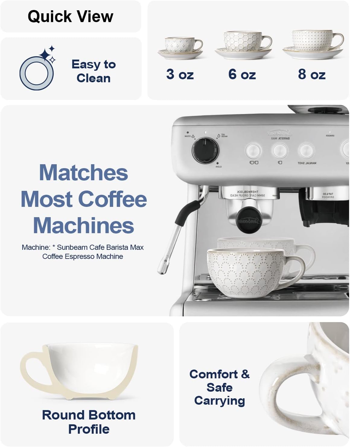 LE TAUCI Cappuccino Cups with Saucers 6 oz, Ceramic Embossment Coffee Cup for Au Lait, Double shot, Latte, Cafe Mocha, Tea, Dishwasher Safe - Set of 4, Arctic white