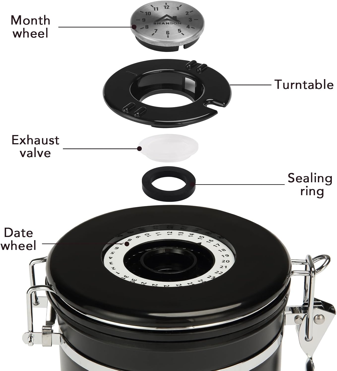 ShanSon Coffee Canister Airtight Coffee Container Stainless Steel Coffee Bean Storage Container with Scoop and See Through Window Coffee Canister for Beans Grounds Sugar Flour Tea Cereal,16OZ, Black