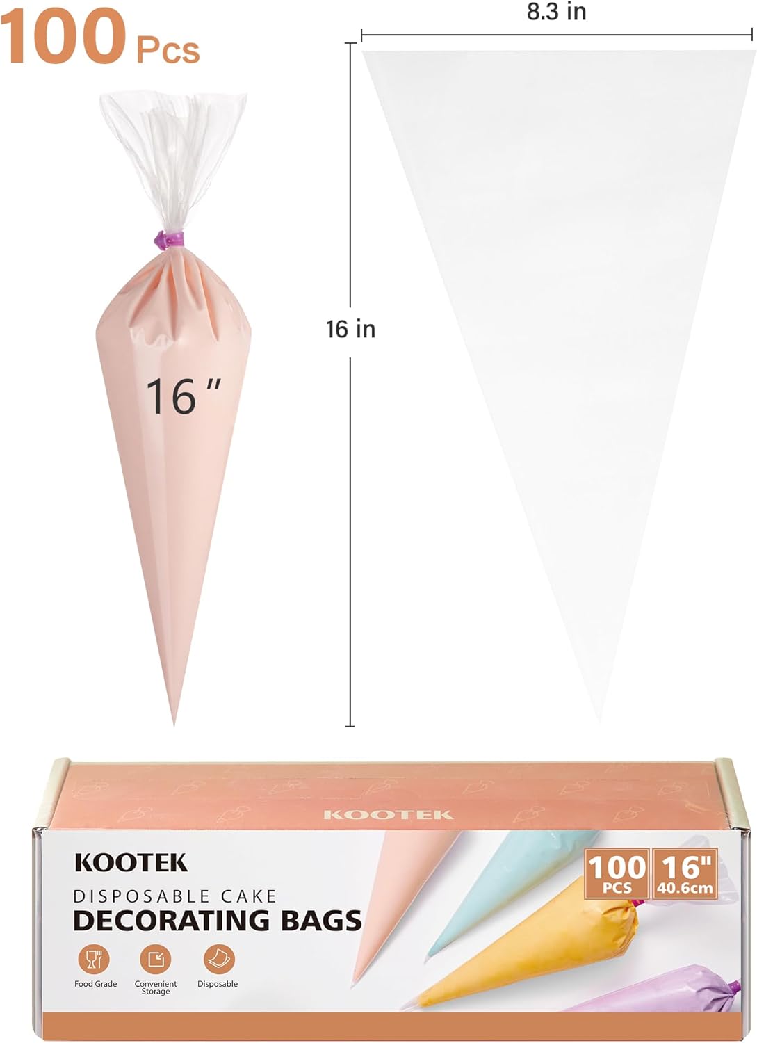 Kootek 16" Piping Bags (100Pcs), Disposable Pastry Bags Anti Burst Icing Frosting Bag Thick Cake Decorating Bags for Cookie, Cupcake, Candy, Baking Supplies Tools