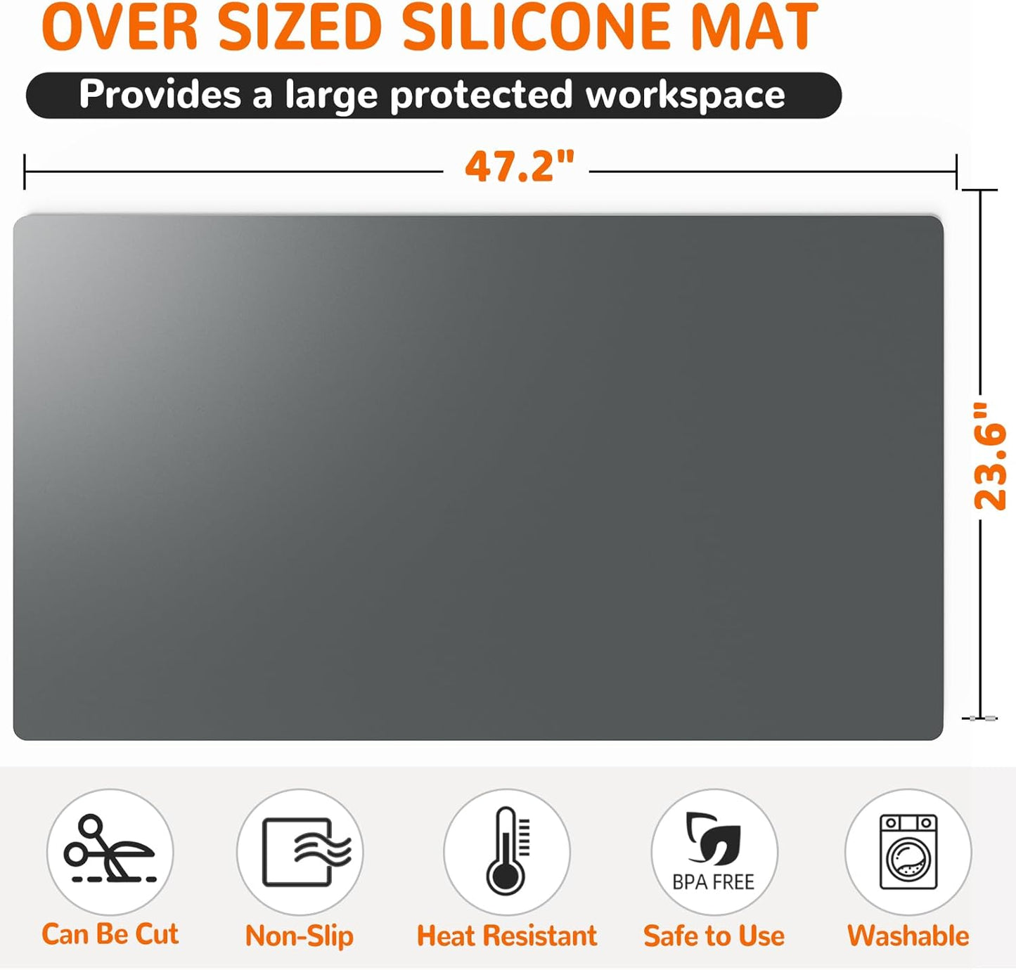Warome Silicone Mat, 47"x 23" Silicone Mats for Kitchen Counter, Nonslip Heat Resistant Mat, Extra Large Kitchen Counter Mat, Countertop Protector for Craft, No Creases-Gray