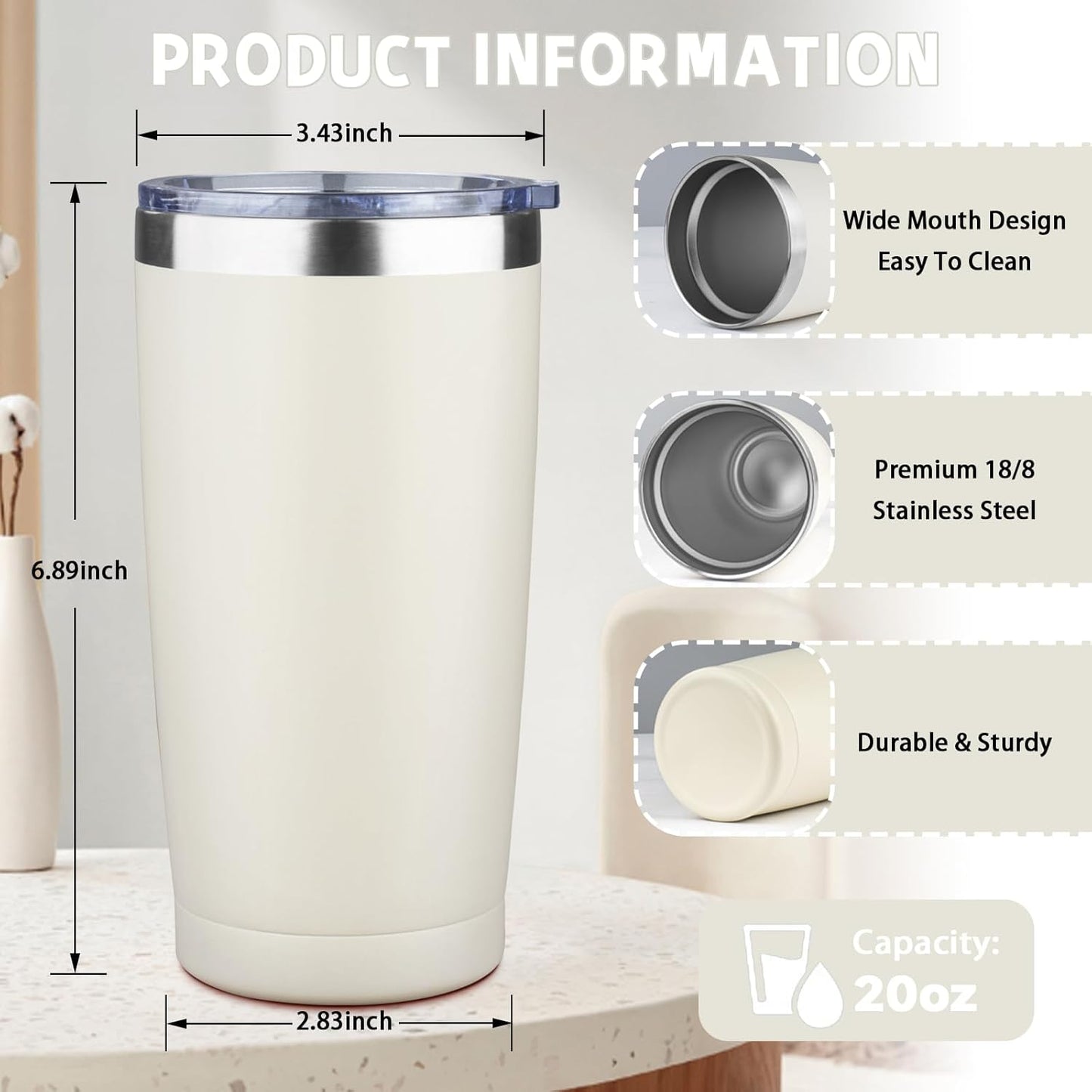 20 oz Tumbler with Lids and Straws, Stainless Steel Insulated Coffee Tumbler, Double Wall Vacuum Insulated Travel Mug Cup, Leakproof Thermal Coffee Cup for Hot and Cold Drinks (cream)