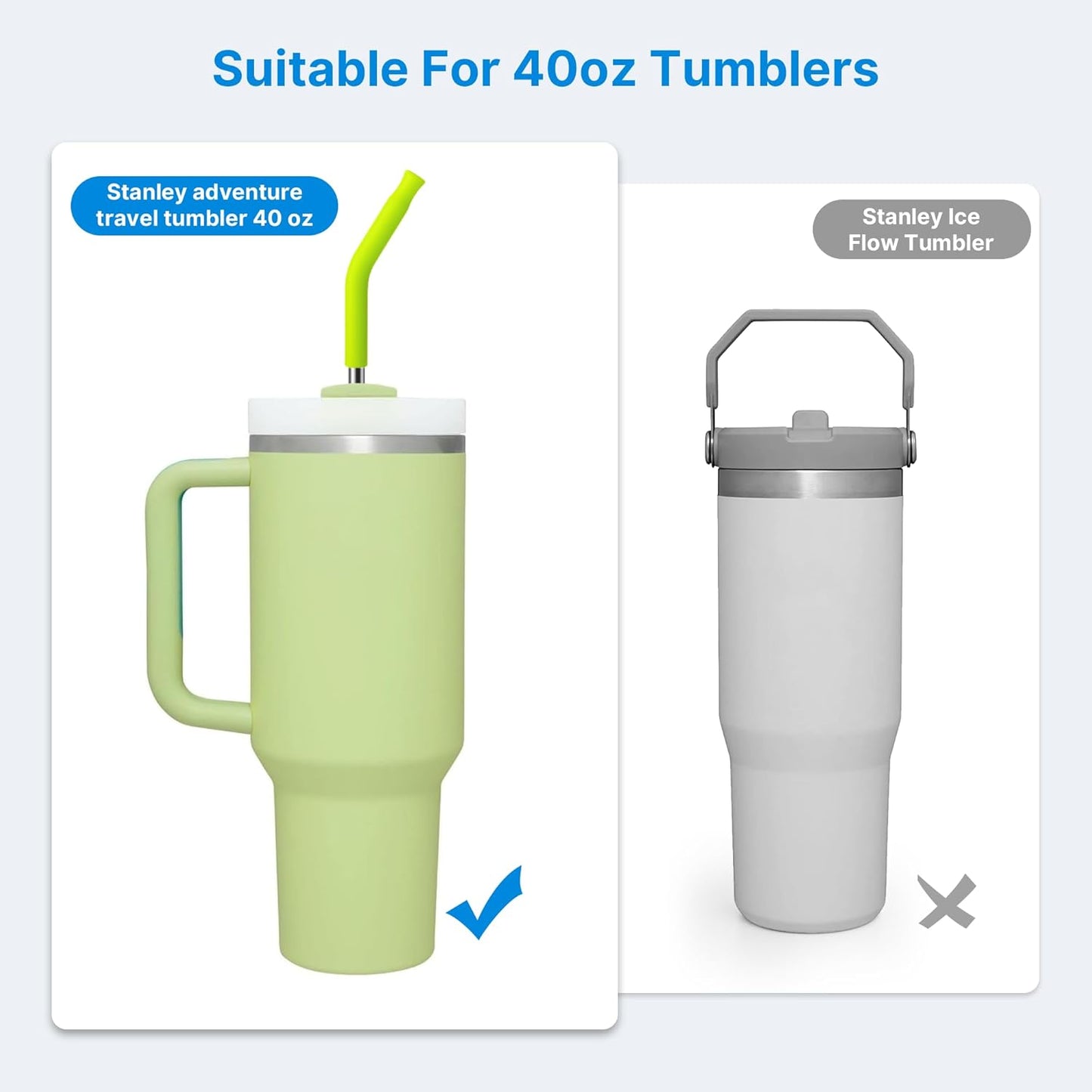 2 Pcs Stainless Steel Straws for 40 oz Stanley Tumbler, Replacement 40 oz Stanley Cup Straw Accessories with Silicone Tips and Cleaning Brush (Apple Green)