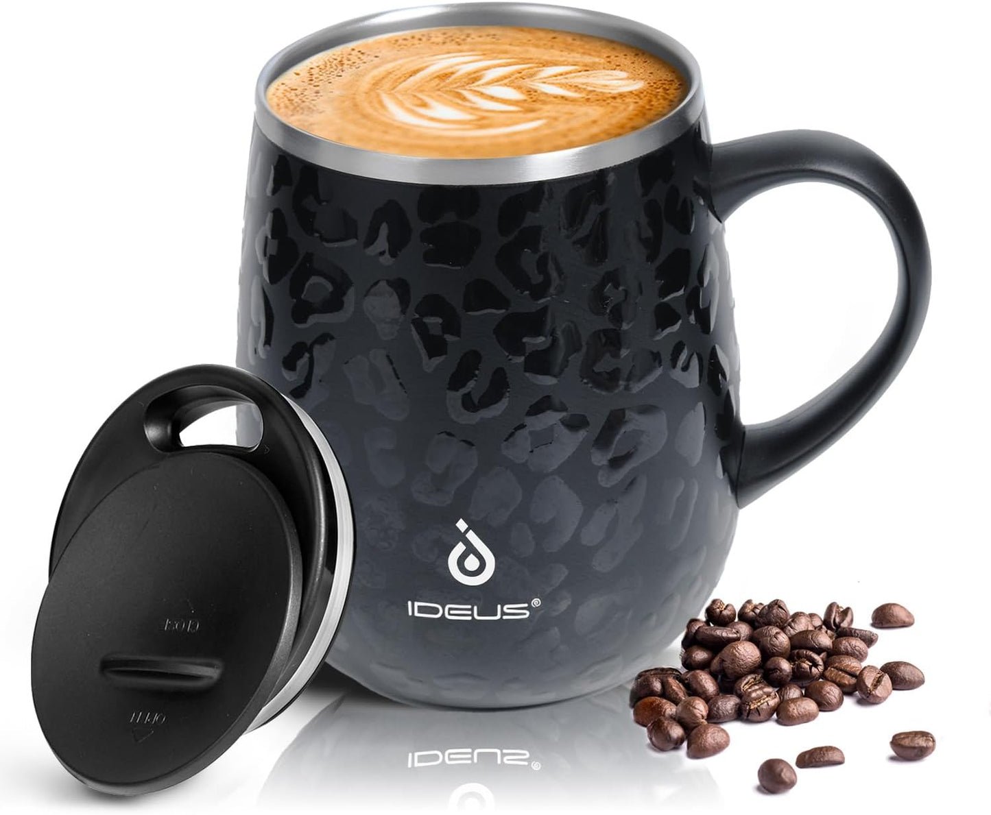 Ideus 16 oz (470 ml) Insulated Coffee Mug with Handle and Lid, Double Wall Stainless Steel Vacuum Thermal Coffee Mug, Travel Coffee Cup Thermal Cup for Home and Office, Leopard Black