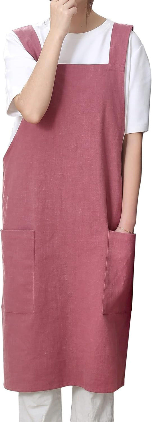 Soft Cotton Linen Apron for Women - Non-tie Cross Back Apron with Pockets, Great for Florist and Kitchen