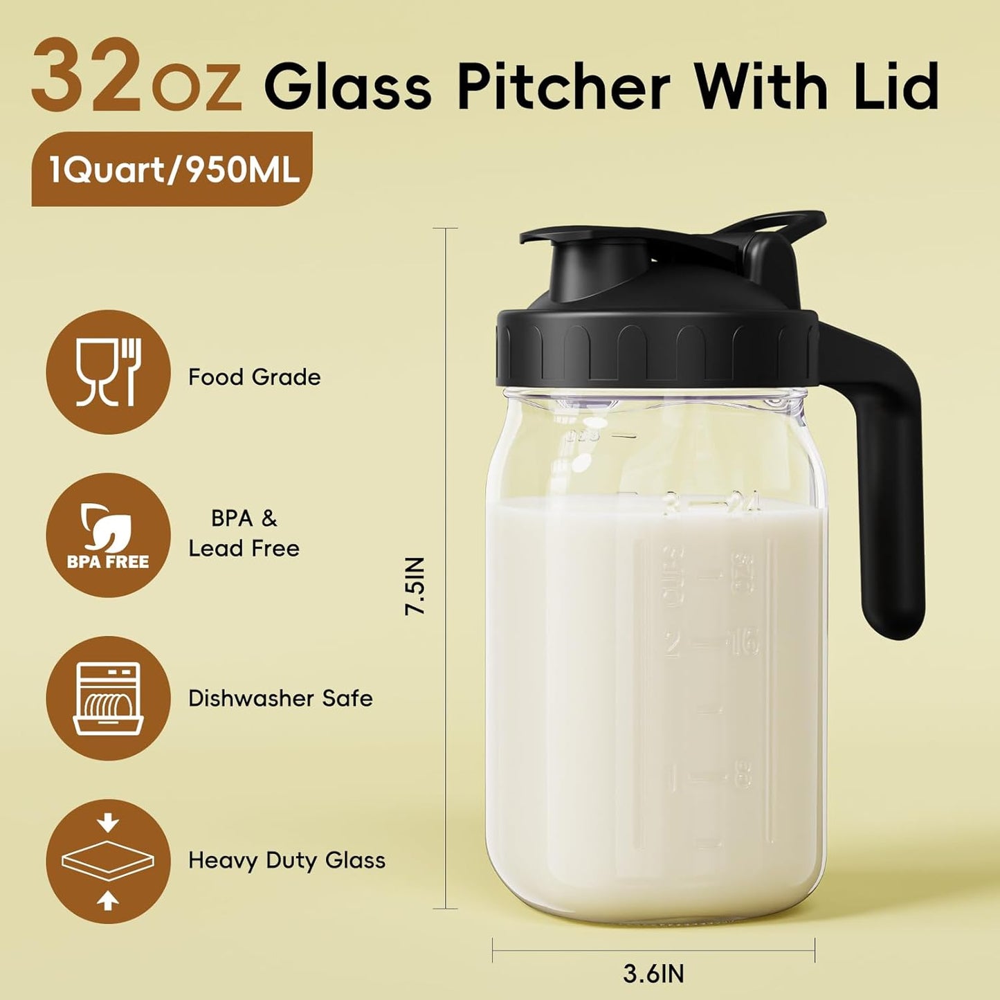 Breast Milk Pitcher Jug - 32 oz Glass Mason Jar Airtight Pitcher with Pour Spout Handle for Breastmilk, Iced Tea, Ice Drinks Storage Container（Black）