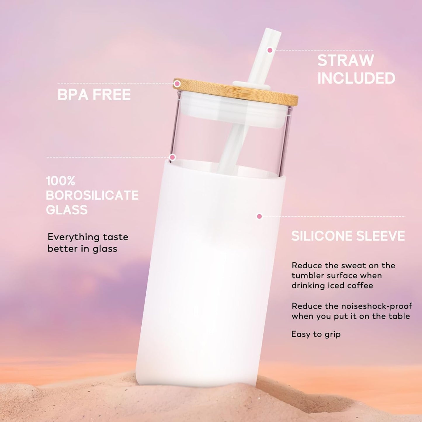 Tronco 20 oz Glass Tumbler with Lid & Straw - Iced Coffee Cup & Smoothie Cup With Silicone Sleeve | BPA-Free, Dishwasher Safe | Reusable Glass Cups with Bamboo Lids and Straws (Watermelon, 1 Count)