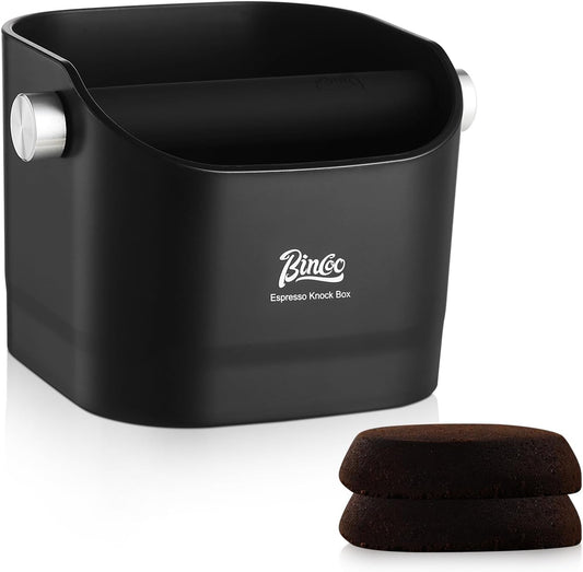 Bincoo Square Coffee Knock Box 0.8L – ABS Espresso Knock Bin with Non-Slip Base, Wide 4.6" Slanted Opening & Detachable Silicone Knock Bar for Easy Cleaning and Quiet Use(Black square)