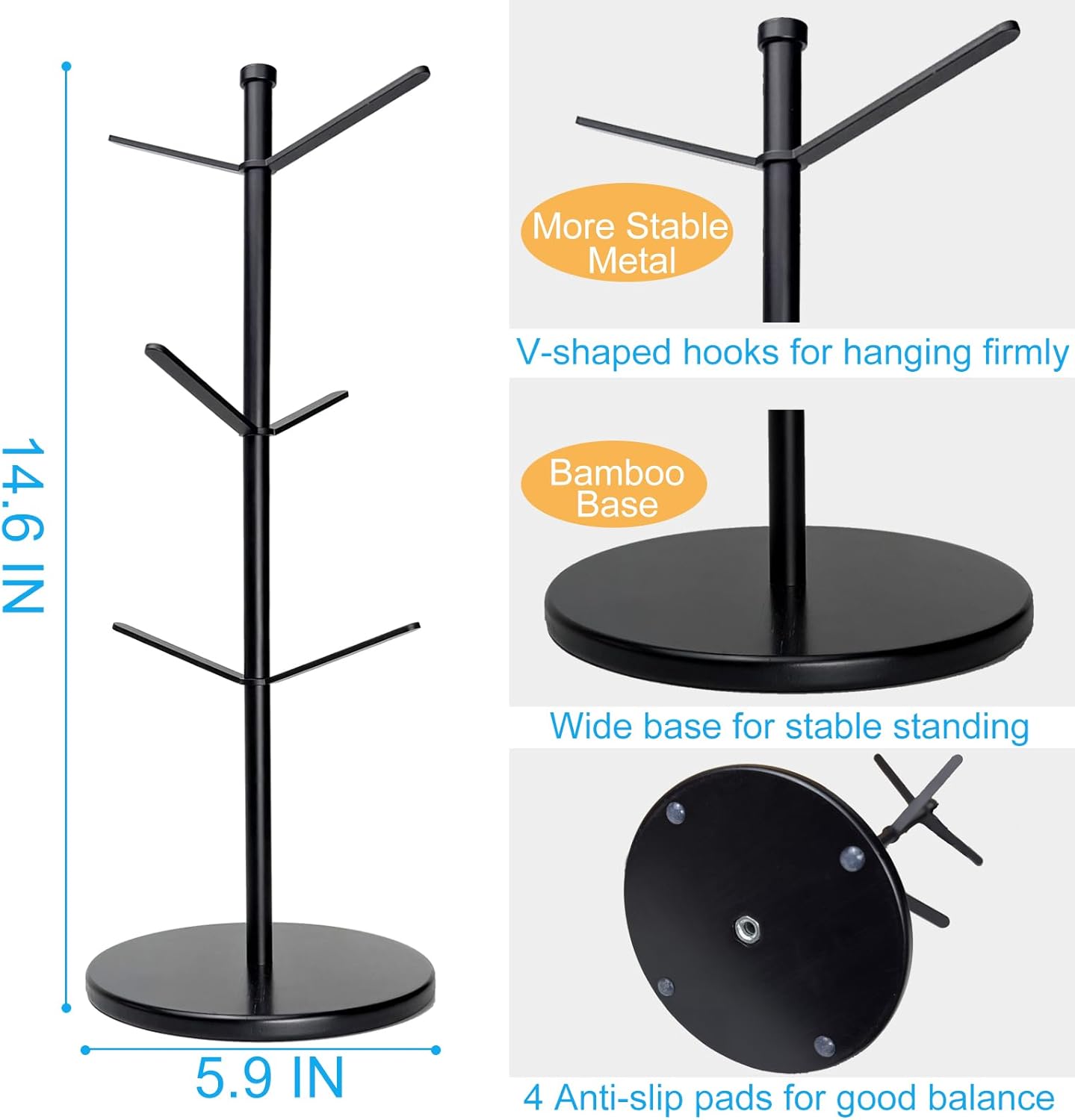 Premium Mug Tree, 6 Hooks Upgraded Stable Metal Mug Holder, Bamboo Base Coffee Mug Cup Rack for Counter Top, Mug Display, Home Storage and Cup Organizer, Black