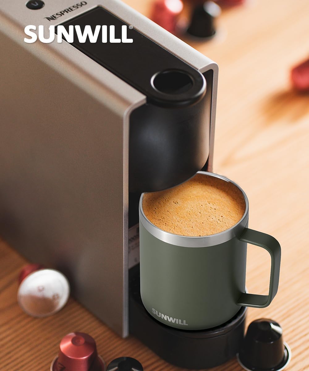 SUNWILL Travel Coffee Mug with Lid, Insulated Tumbler with Handle, 14 oz Stainless Steel Cup for Home, Office, Camping, Powder Coated Camp Green