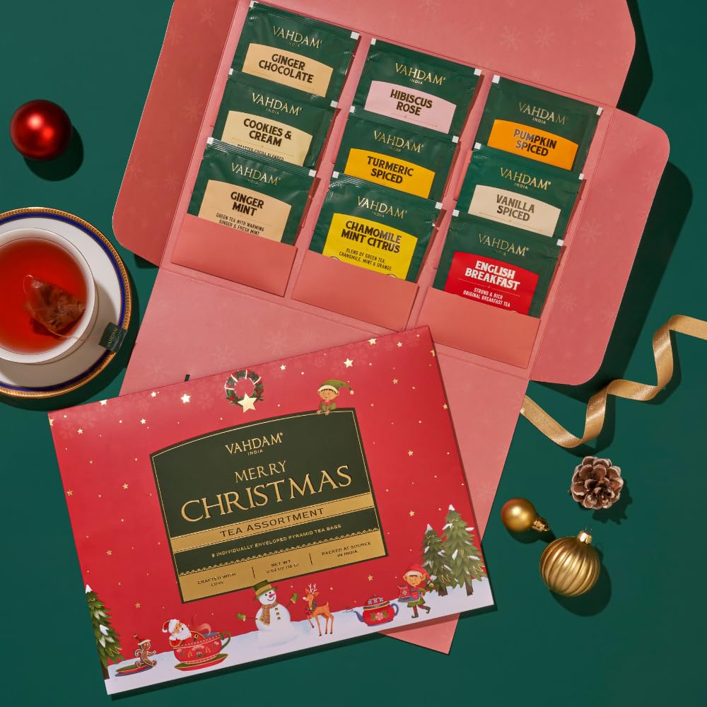 VAHDAM, Merry Christmas Tea Gift Set (9 Individually Wrapped Tea Bags) Limited Edition -Gluten Free, Non GMO | Christmas 2025 Gift Ideas | Christmas Gifts For Women 2025 & Christmas Gifts For Men 2025