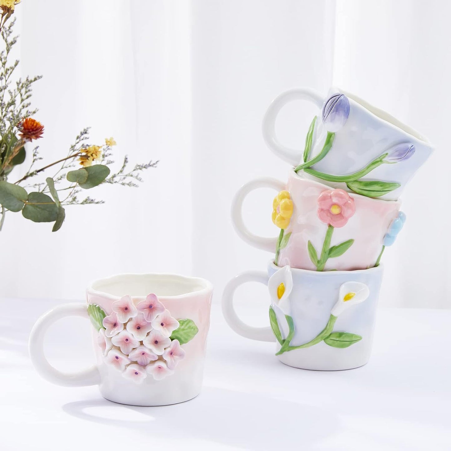 3D Flower Coffee Mug Pink Hydrangea Ceramic Cup,12 oz Cute Handmade Mugs,Christmas Birthday Surprise for Friends Family or Flower Lovers (Pink Hydrangea)