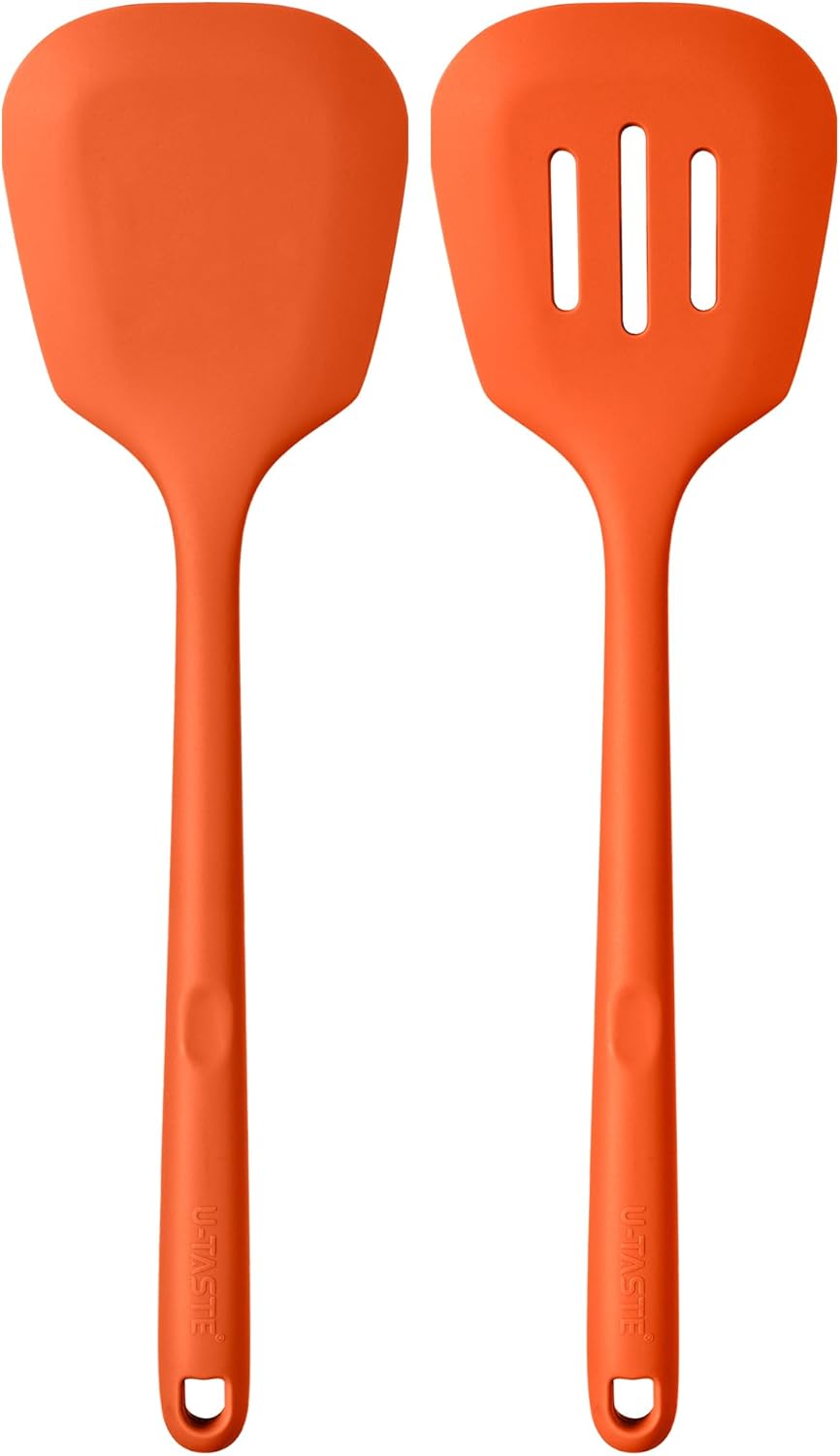 600ºF Heat Resistant Silicone Turners: U-Taste 13.6in Long Solid & Slotted Kitchen Spatula Flipper, Large Flexible Cooking Utensil for Flipping Egg, Pancake in Nonstick Cookware(Orange, 2PCS)