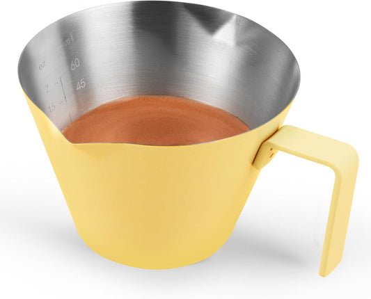 MHW-3BOMBER Espresso Measuring Cups, Double Spouts Stainless Steel Espresso Pour Cup, Espresso Shot Cups with Handle Scale, Metal Measuring Cups with V-Shaped Mouth, 3.4OZ/100ML Yellow G5670-OS
