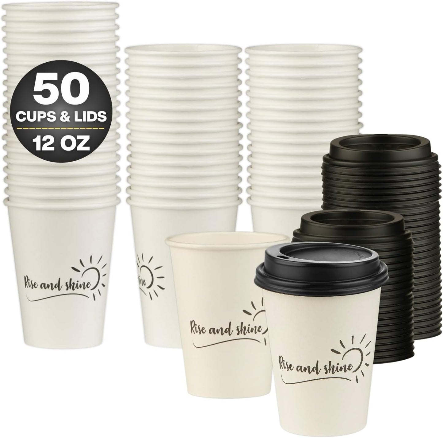 Smygoods Disposable Coffee Cups with Lids, To Go Paper Hot Cups, Rise and Shine Design (12 OZ, 50 Count) For Hot Beverages, Coffee, Tea, Espresso, Cocoa - Vasos Para Cafe
