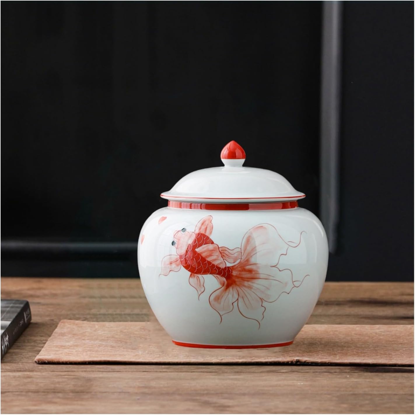 5 inches Ginger jar Lid - red fish decorative Ceramic Ginger jar vase with Lid， chinoiserie gift koi decor small jars for Home decor/jewelry/Tea/coffee beans/Storage