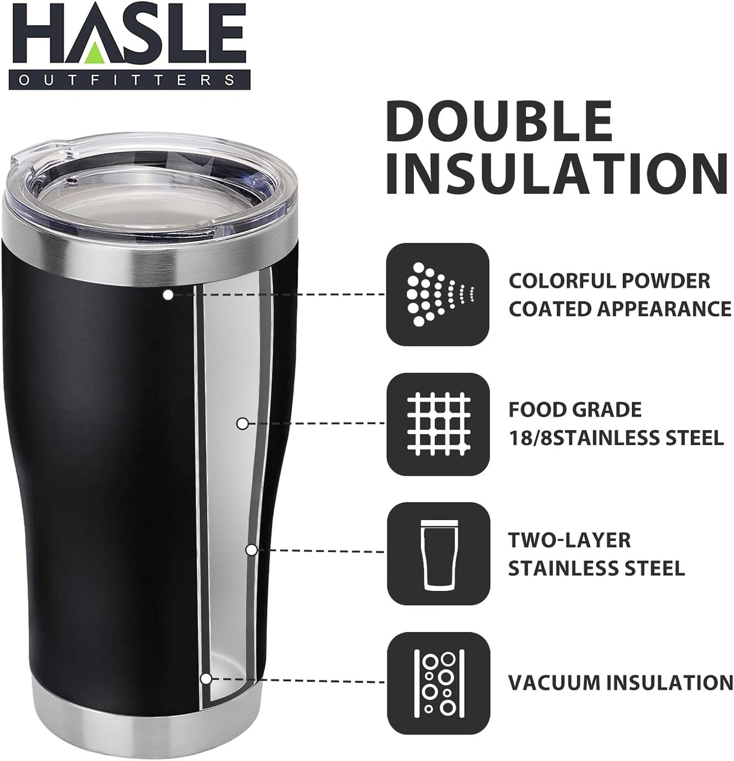 HASLE OUTFITTERS 20 oz Tumbler Bulk, Stainless Steel Tumblers with Lid, Vacuum Insulated Tumbler, Double Wall Tumbler Cup, coffee mugs, Black, 12 Pack