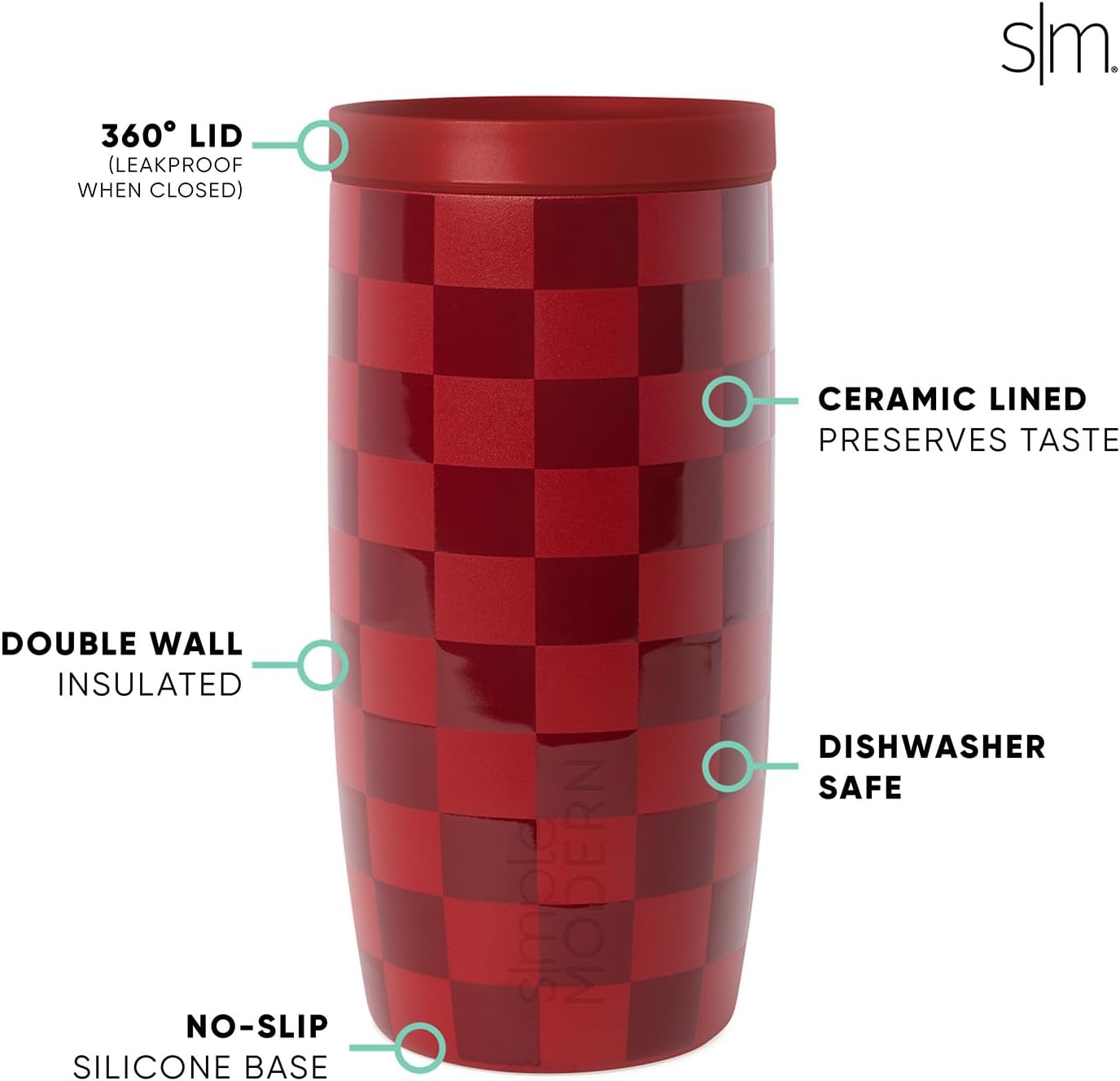 Simple Modern Travel Coffee Mug Tumbler with 360° Lid | Ceramic-Lined Insulated Stainless Steel Cold Brew Iced Coffee Cup | Gifts for Women Her Him | Voyager Signature | 16oz | Checkmate Red Cottage
