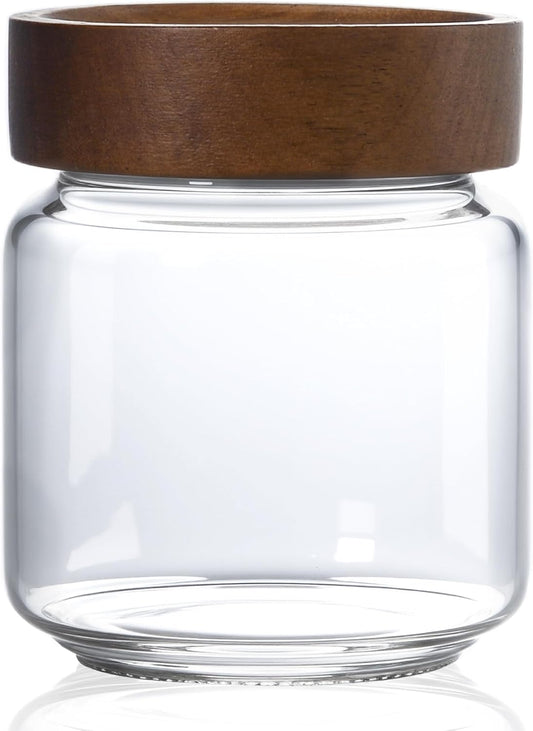13.5 oz/400 ml Glass Jar with Airtight Wooden Screw Top Lid, Clear Stackable Food Storage Canister, Small Cute Decorative Glass Container for Coffee, Candy, Cookie, Sugar, Oatmeal, Salt, Spice