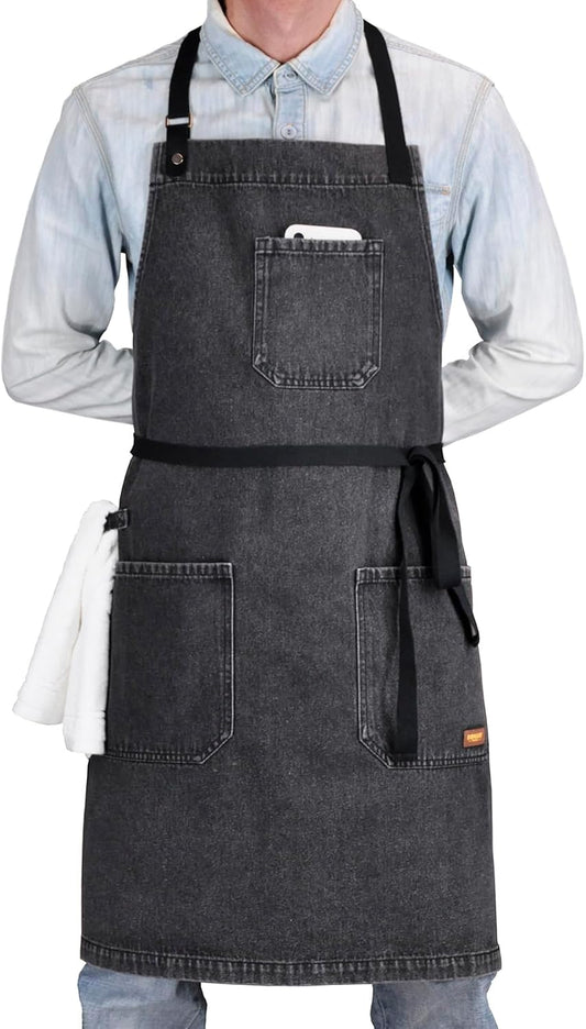 Cooking Apron with Pockets Mens Womens Professional Kitchen Bib Apron for Chef Grill BBQ (Black Denim -2)