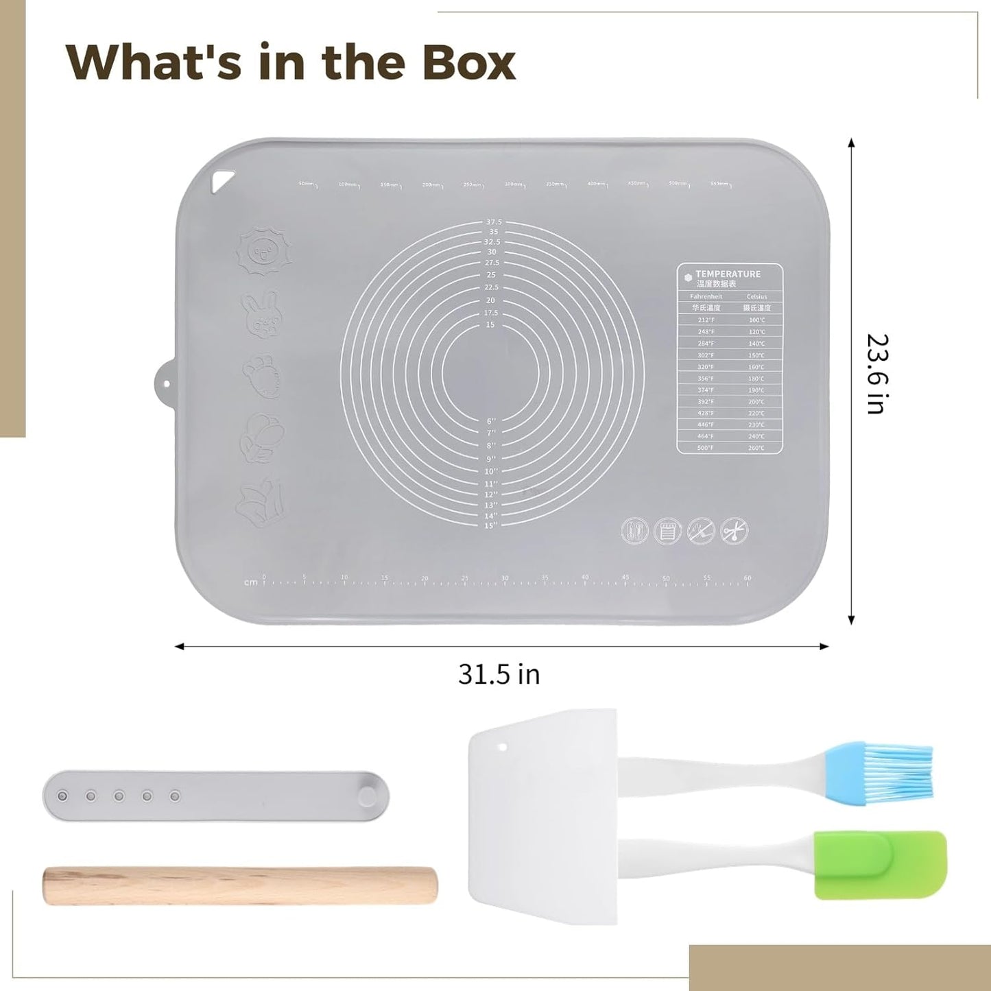 Large Silicone Baking Mat, 31.5×23.6" Non-stick Dough Rolling Mat with Measurements, Extra Thick Kneading Mat with Raised Edges, Heat-resistant Countertop Pastry Mat with Accessories