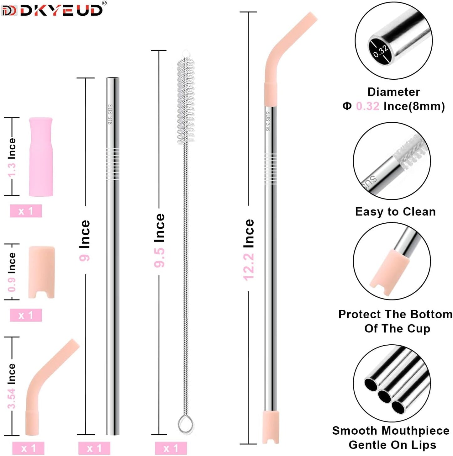 Quality Upgraded 9In Medical Grade 316 Stainless Steel Straws Set 1 PCS with 3 Silicone Accessories, 1 Straw Brush, 1 Storage Case, BPA Free, Eco-Friendly Metal Straws Reusable