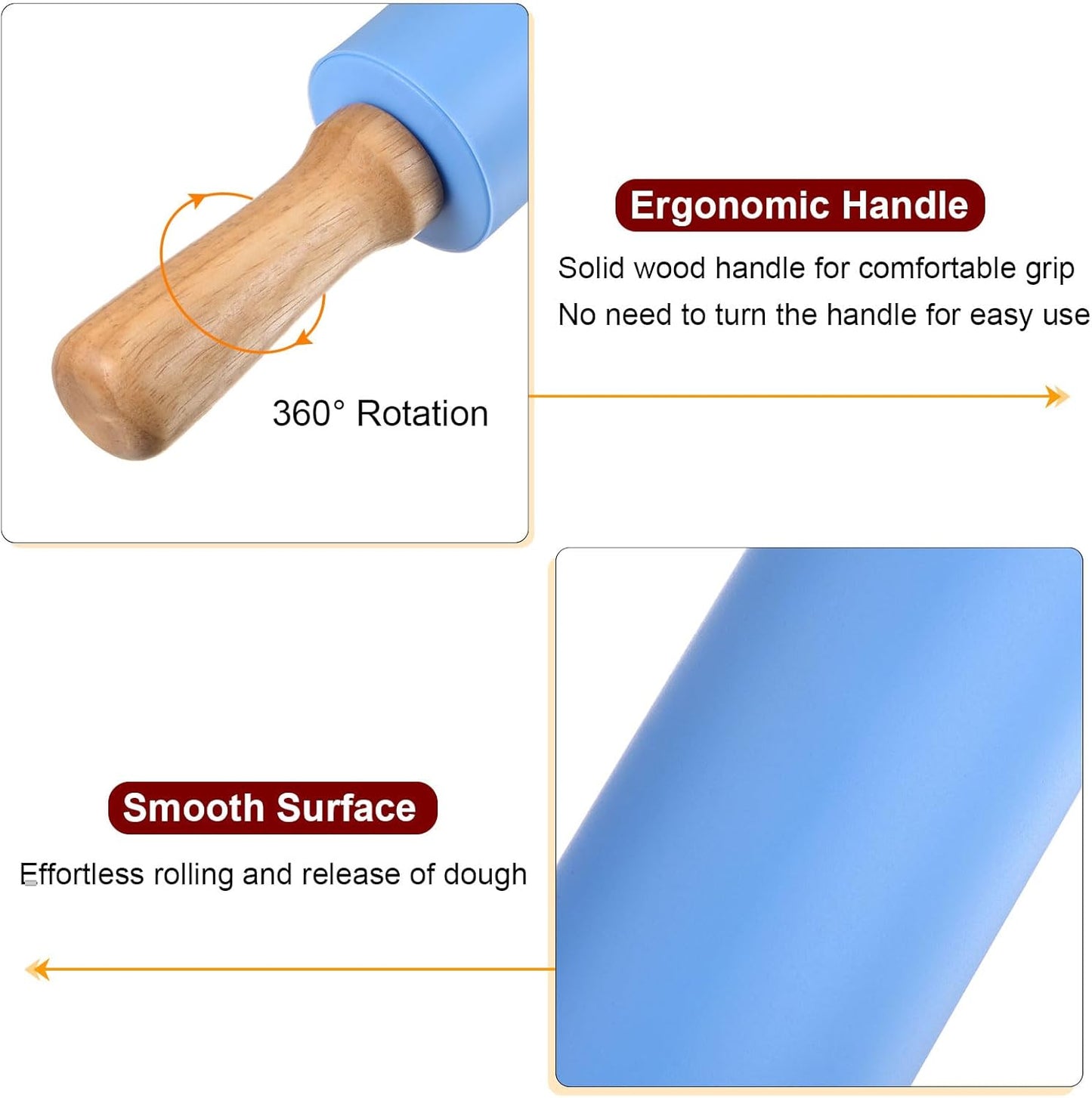 HARFINGTON Silicone Rolling Pins for Baking 15 Inch Wooden Handle Non Stick Rolling Pin Small Roller Playdough Rolling Pins for Dough Pizza Pastry Fondant Kitchen, Blue