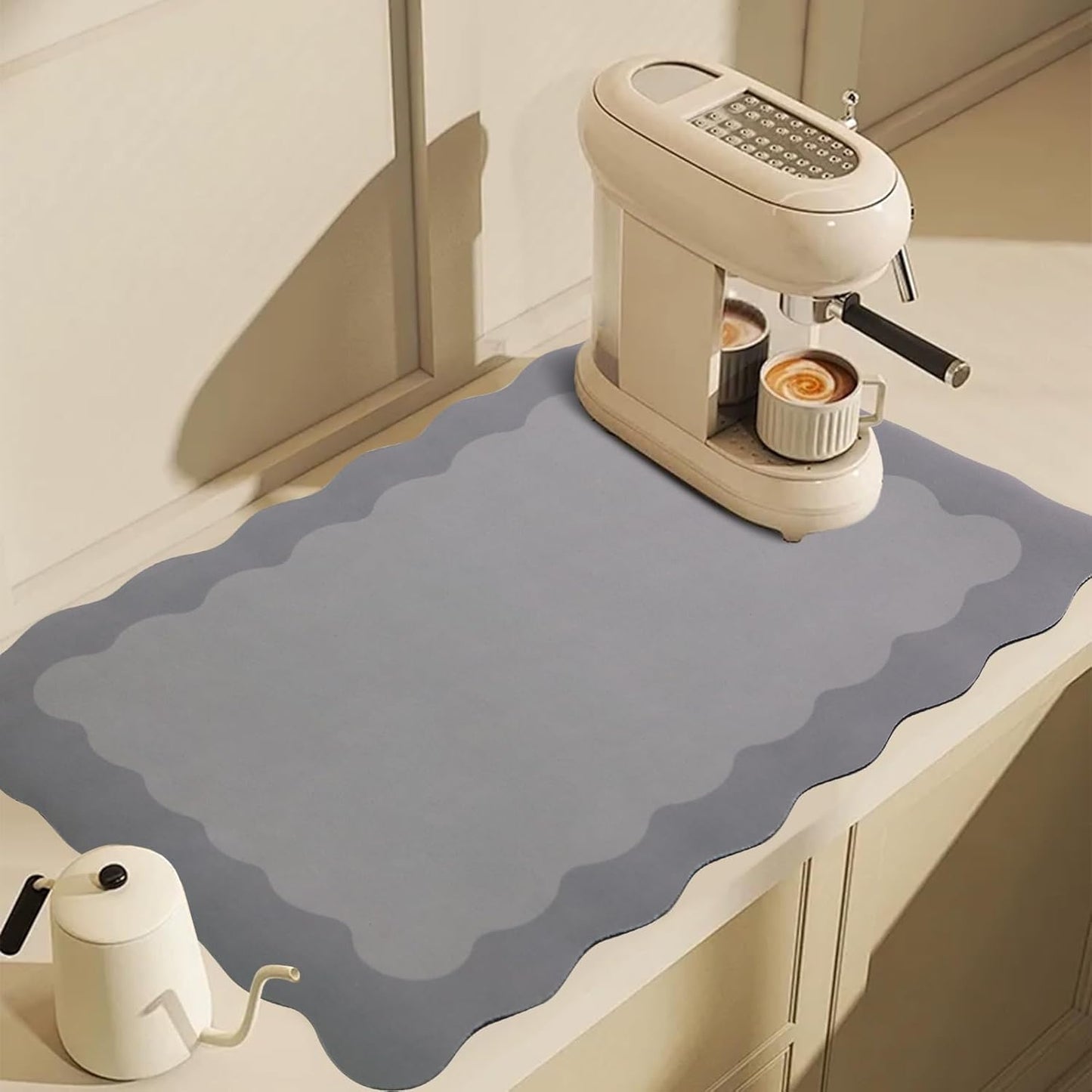 Scalloped Coffee Bar Mat for Countertop, Cute Dish Drying Mats for Kitchen Counter, Diatomite Absorbent Mat for Coffee Station, Kitchen Aesthetic Decor (12"x19", Grey)