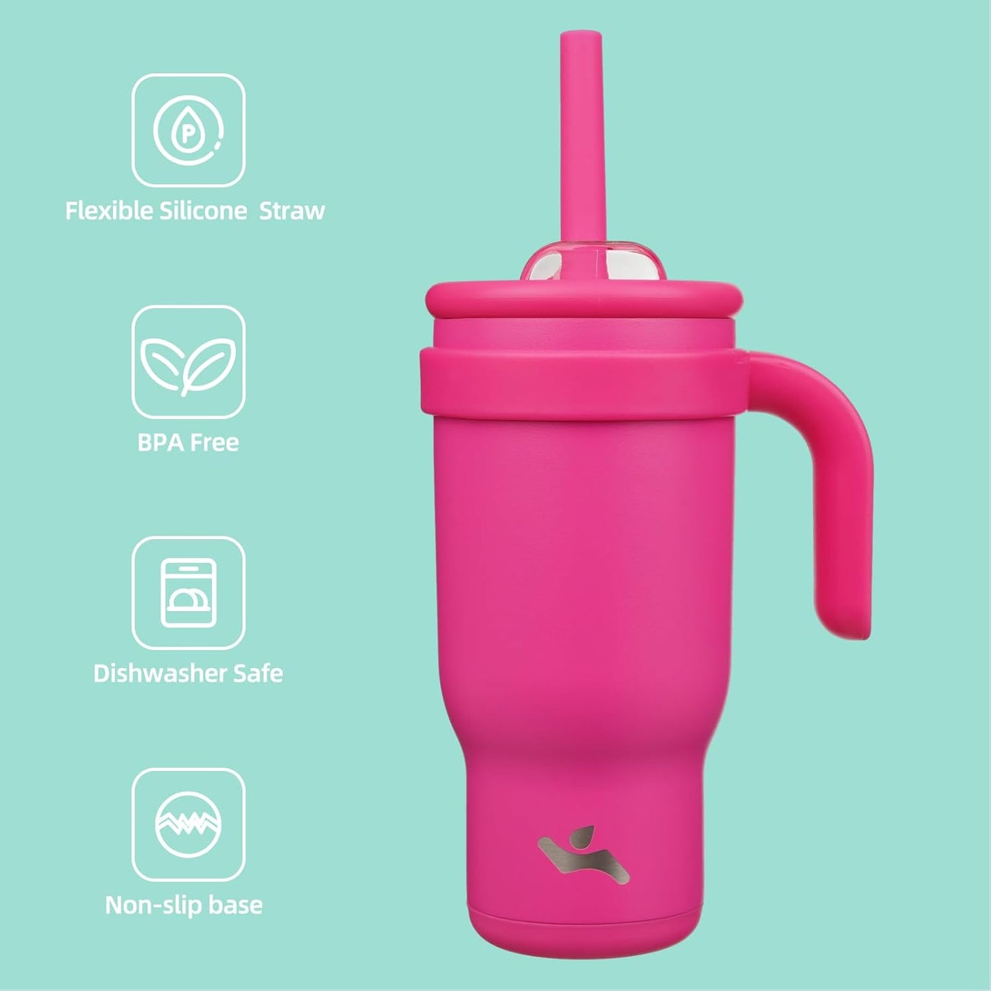 18 oz Tumbler with Side Handle, Insulated Water Bottle with Straw and 2 in 1 Lid, Stainless Steel Cup Travel Coffee Mug for Sports Office Gym,Fuchsia